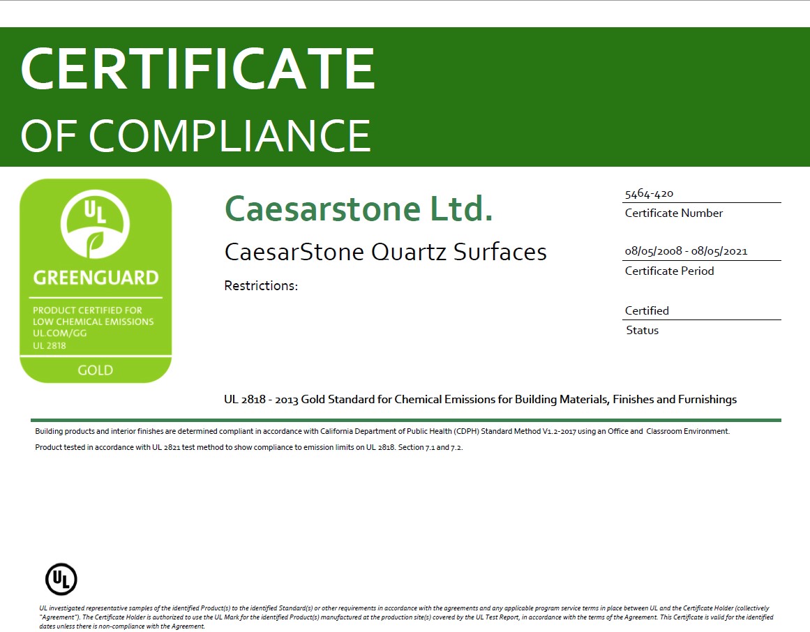 Caeserstone. GREENGUARD un GREENGUARD GOLD standarti